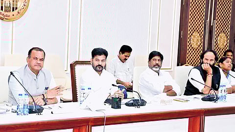 Chief Minister A Revanth Reddy during a review meeting on the Regional Ring Road, R&B and National Highway projects at the Secretariat in Hyderabad on Friday