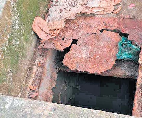 (Left) The damaged and corroded metallic lid of the septic tank on the school premises; (top) P Liya Lakshmi