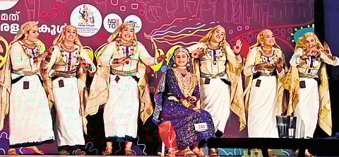 Students of MKNM Higher Secondary School, Kumaramangalam, Idukki, performing oppana at the Women’s College on Saturday. Interestingly, the school has been securing ‘A’ grade for the past 21 years, and this year was no different |  Vincent Pulickal