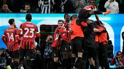 AC Milan players celebrate after scoring during the Italian Super Cup semifinal soccer match between Juventus and Milan in Riyadh, Saudi Arabia, Friday, Jan. 3, 2025.