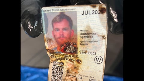 This undated photo, provided by the Las Vegas Police Department shows an ID belonging to Matthew Livelsberger, found inside a Tesla Cybertruck involved in an explosion outside the Trump Hotel in Las Vegas. 