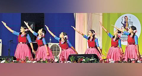 Students of GHSS Vellarmala perform at the opening ceremony of the 63rd State Kalolsavam in Thiruvananthapuram on Saturday
