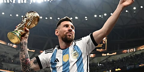 Lionel Messi with the FIFA World Cup Trophy after Argentina won the Qatar 2022 World Cup final football match.