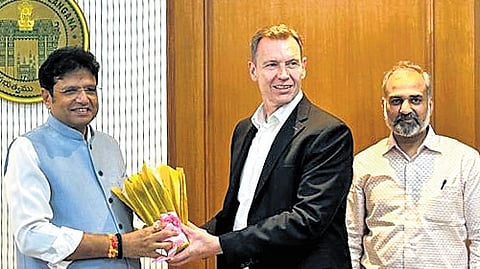 Industries Minister D Sridhar Babu meets Torsten Seifried, managing director of PTW Group’s Asia division on Monday