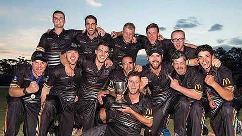 (From left) Pat Cummins, Matthew Halse and Tim Cummins after winning the one day premiership of 2016/17 for Penrith Cricket Club.