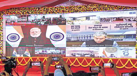 Prime Minister Narendra Modi and Railway Minister Ashwini Vaishnaw at the virtual inauguration of the terminal of Cherlapally railway station on Monday