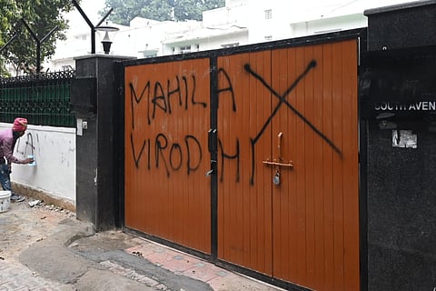 Congress workers spray painted Mahila Virodhi at the residence of BJP leader Ramesh Bidhuri, at South Avenue, New Delhi on Monday, January 06, 2024.