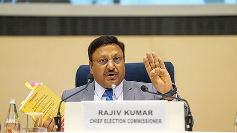 Chief Election Commissioner Rajiv Kumar addresses a press conference for the announcement of the schedule for the Delhi Assembly elections, in New Delhi.