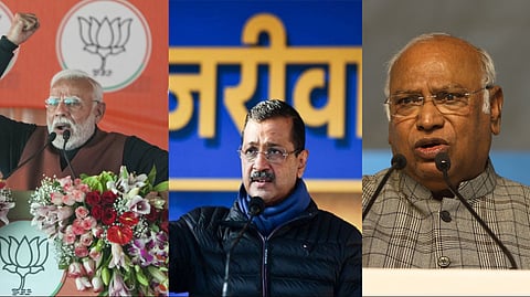 Prime Minister Narendra Modi, AAP convenor Arvind Kejriwal, Congress chief Mallikarjun Kharge. 