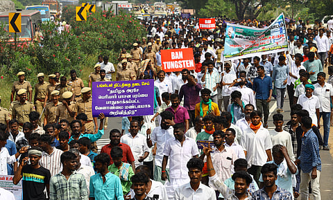 Thousands of farmers along with villagers rallying to Tallakulam post office from Melur opposing the Tungsten mining project in Madurai.