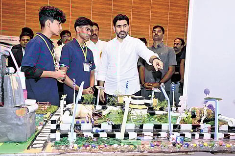 HRD Minister N Lokesh interacting with students at Polytech Fest-2025 in Vijayawada on Tuesday