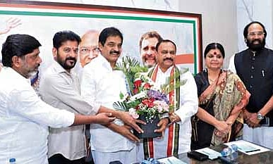Chief Minister A Revanth Reddy and other leaders greet AICC General Secretary KC Venugopal during the TPCC Political Affairs Committee meeting on Wednesday
