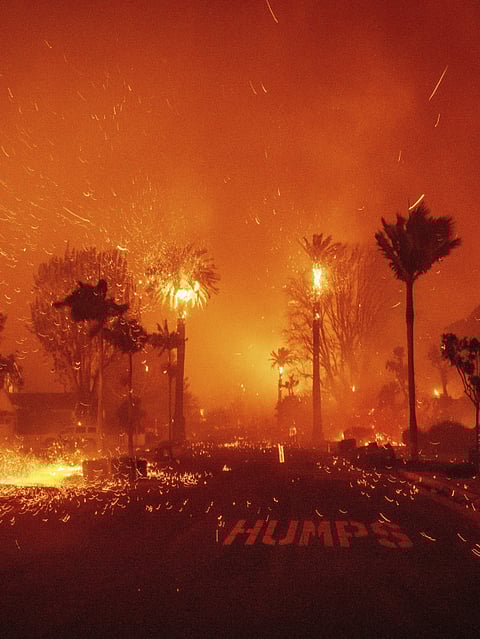 View of the ruins of Kyle Kucharski and Nicole Perri's house destroyed by the Palisades Fire in the Pacific Palisades neighborhood of Los Angeles, California on January 10, 2025.