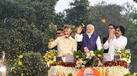 Prime Minister Narendra Modi, Chief Minister Nara Chandrababu Naidu, and Deputy Chief Minister K. Pawan Kalyan during a roadshow in Visakhapatnam on Wednesday.