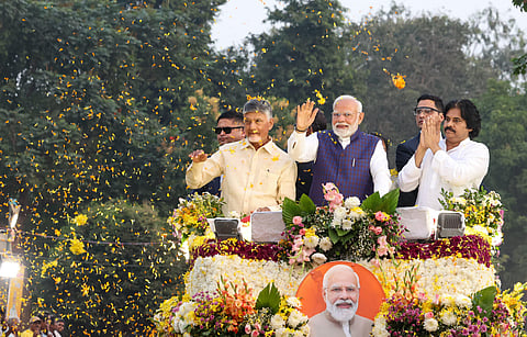 Governor S Abdul Nazeer, Prime Minister Narendra Modi, Chief Minister N Chandrababu Naidu and Deputy Chief Minister Pawan Kalyan attend a public meeting in Visakhapatnam on Wednesday