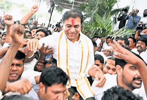 BRS cadre welcome the party’s working president KT Rama Rao to Telangana Bhavan in Hyderabad on Thursday after his questioning by the ACB in the Formula-E case.