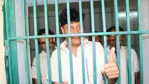 In this backdated picture, Boby Chemmanur is seen participating in the 'feel the jail' programme of the Telangana police.