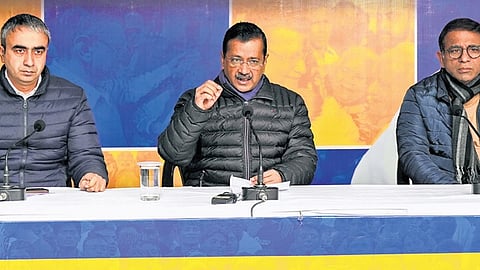 AAP National Convenor Arvind Kejriwal addresses a press conference.
