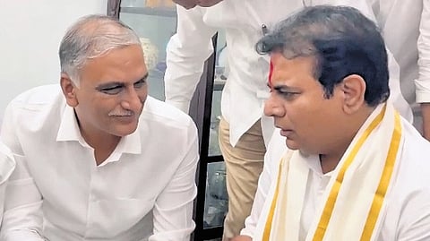 BRS working president KT Rama Rao speaks to Siddipet MLA 
T Harish Rao at Telangana Bhavan in Hyderabad on Thursday, after appearing before the ACB