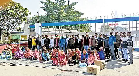 Villagers staging dharna in front of the main gate of Vedanta’s plant on Friday