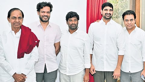 BRS working president KT Rama Rao and other leaders with party president K Chandrasekhar Rao at the former CM’s Erravalli farmhouse on Friday
