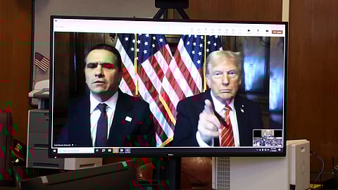 U.S. President-elect Donald Trump appears remotely for a sentencing hearing in front of New York State Judge Juan Merchan in the criminal case in which he was convicted in 2024 on charges involving hush money paid to a porn star, at New York Criminal Court in Manhattan in New York.