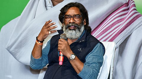 Jharkhand Chief Minister Hemant Soren addresses a press conference in Ranchi.