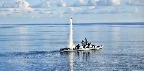 The BrahMos supersonic cruise missile being test-fired in Bay of Bengal.