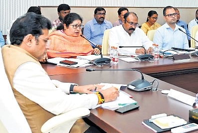 Industries Minister D Sridhar Babu chairs a high-level review meeting at the Secretariat on Saturday
