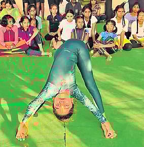 Sri Vaishnavi participates in the under-14 Yogasana Rhythmic Yoga Sports Championship as part of the Chief Minister’s Cup in Hyderabad 