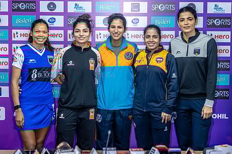Salima Tete (extreme left) with other captains of the Women's Hockey League teams in Ranchi 