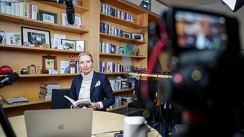 Alice Weidel, party chairwoman and candidate for chancellor of the AfD, prepares for a live X interview with US billionaire Elon Musk in her office in the Jakob Kaiser House in Berlin, on Thursday, Jan. 9, 2025.