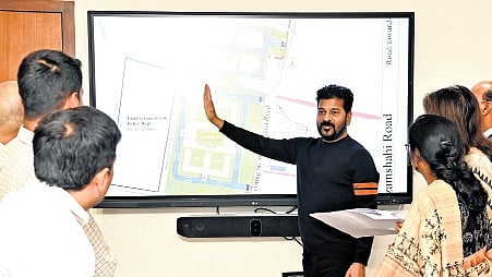 Chief Minister A Revanth Reddy gives suggestions to officials at a review meeting at his residence on Saturday on the construction plans for the new Osmania Hospital.