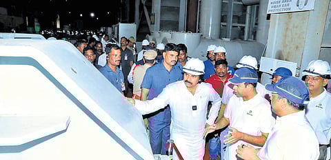 Greenko Integrated Renewable Energy officials briefing Deputy CM Pawan Kalyan on the functioning of machinery at the project in Kurnool district on Saturday