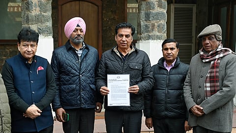 Delhi Congress President Devender Yadav with party leaders Haroon Yusuf, Narender Nath and others meet with the Election Commission of India, in New Delhi on Thursday.