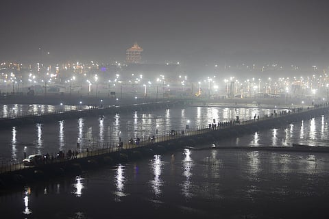 View of the pontoon bridge prepared for the Mahakumbh at Sangam area in Prayagraj, Sunday, Jan. 12, 2025.