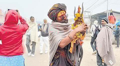 A sadhu at the Kumbh Mela site at Prayagraj. 