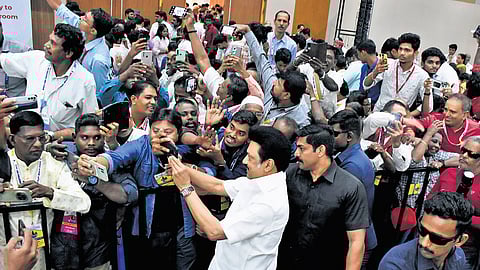 Chief Minister MK Stalin poses for selfies at the International Tamil Diaspora Day 2025 celebrations at the Chennai Trade Centre in Nandambakkam
