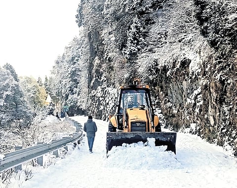 Streets enveloped in a blanket of snow in Uttarakhand’s Nainital on Sunday.  
