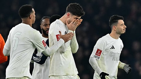 Arsenal's German midfielder #29 Kai Havertz (C) reacts after Arsenal lost during a peanlty shoot out.