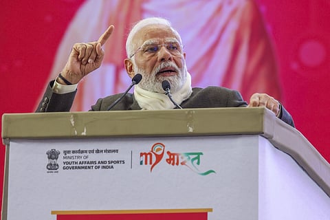 Prime Minister Narendra Modi addresses at the Young Leader's Dialogue, in New Delhi, Sunday, Jan. 12, 2025.