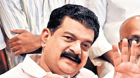 P V Anvar conducts a press conference in Thiruvananthapuram on Monday to announce his resignation as Nilambur MLA