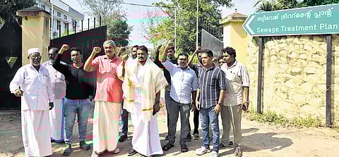 Residents protesting in front of the Sewage Treatment Plant at Muttathara against pollution from the plant, on Monday 