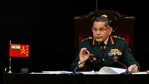 Chief of Army Staff General Upendra Dwivedi addresses the annual press conference, ahead of the 77th Army Day, in New Delhi, Monday, Jan. 13, 2025.