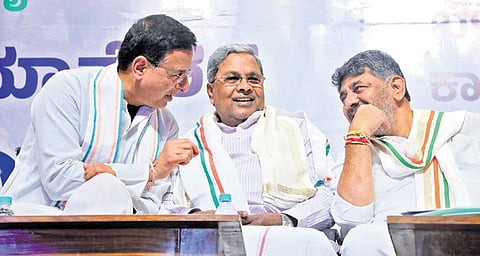 Chief Minister Siddaramaiah and DyCM DK Shivakumar at the annual general meeting of Krishna Bhagya Jala Nigam at Vidhana Soudha in Bengaluru on Friday  