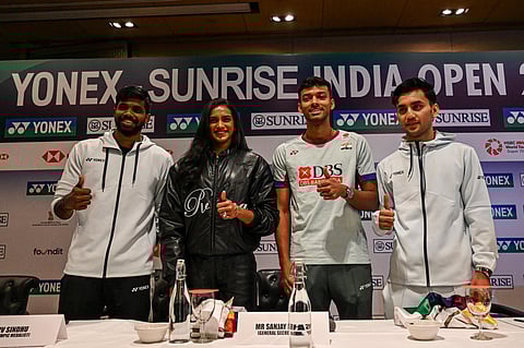 (from left) Satwiksairaj Rankireddy, PV Sindhu, Chirag Shetty and Lakshya Sen during a press conference on the eve of the India Open in New Delhi