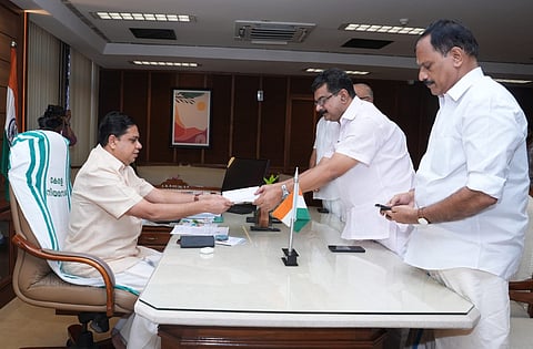 P V Anvar conducts a press conference in Thiruvananthapuram on Monday to announce his resignation as Nilambur MLA