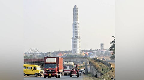 A view of the 405-foot tall Sumeru Hills built at Varur Jain shrine near Hubballi