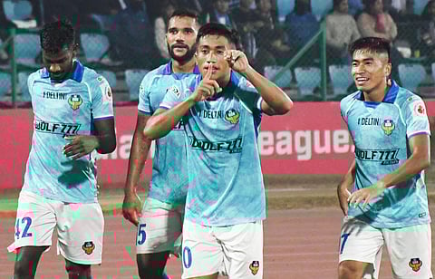 FC Goa player Mohameed Yasir with teammates celebrates after scoring a goal against North East United FC