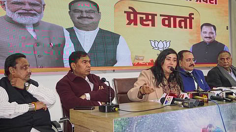 Delhi BJP President Virendra Sachdeva with party MPs Bansuri Swaraj, Ramvir Singh Bidhuri and others addresses a press conference, in New Delhi on Tuesday.